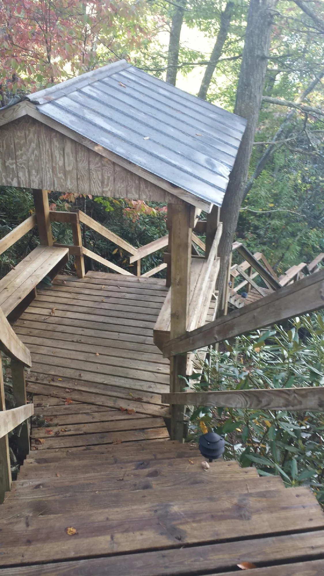 Metal roofed shelter over wooden steps on a wooded walkway — Skylight Repair & Installation work by our crew in Barrett
